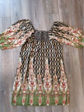 Vasna Desire Bohemian Peasant Dress with Puff Sleeves Size S